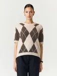 Sjohi Wool Blend Pullover - Oatmeal Taupe Gray + Pristine Harlequin