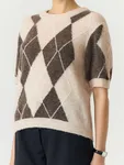 Sjohi Wool Blend Pullover - Oatmeal Taupe Gray + Pristine Harlequin