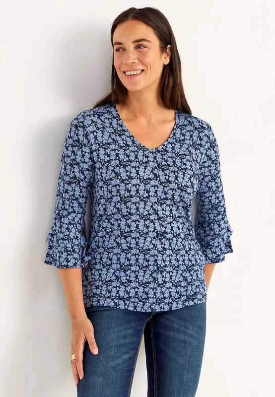 Trikåtopp Med Volangärmar - Blue/Patterned