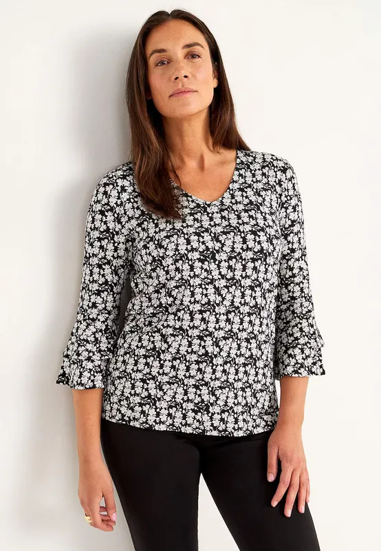 Trikåtopp Med Volangärmar - Black/Patterned