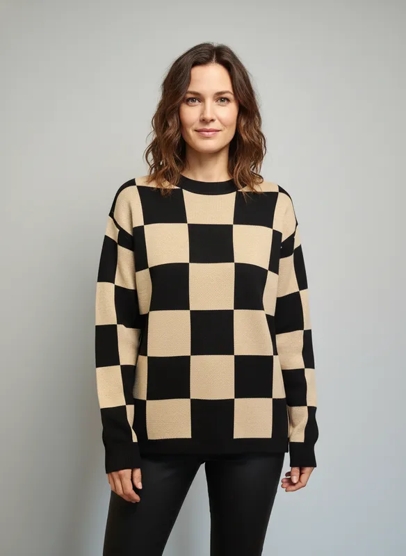 Stickad Tröja - Beige/Black Check