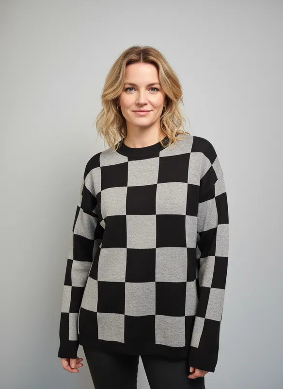 Stickad Tröja - Black/Creme Check