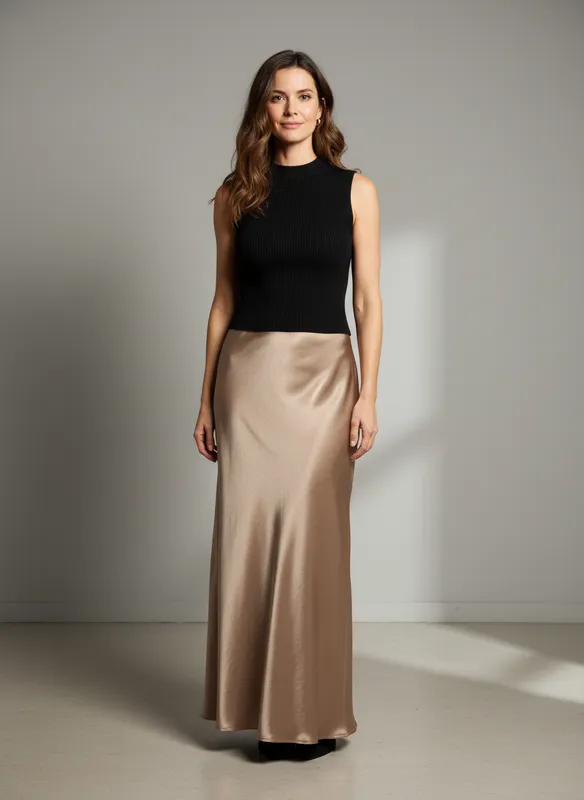 Lång Satinkjol - Taupe
