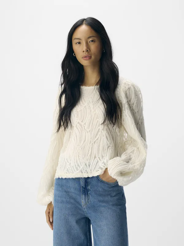 Lucie L/S Re O-neck Top - White Sand