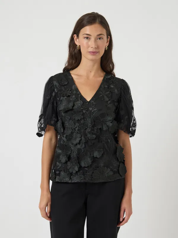 V-ringad Topp Med Blommönster - Black