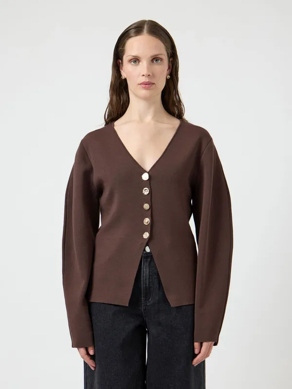 Mikkala Ls Knit Cardigan - Chocolate Brown
