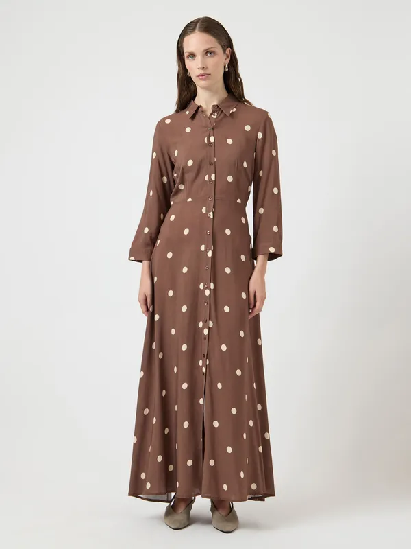 Savanna Long Shirt Dress - Pinecone Ecru Dots