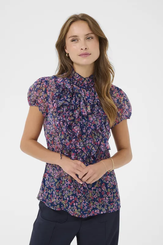 Liljasz Crinkle Ss Shirt - Navy Peony Blooms