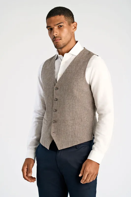 Väst, Linen Blend Houndstooth  - Dk Sand Mix