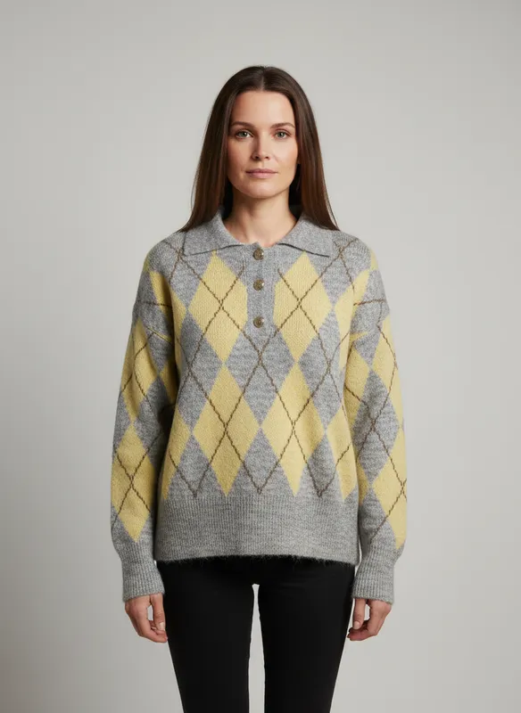 Stickad Argylemönstrad Tröja - Yellow/Coffe