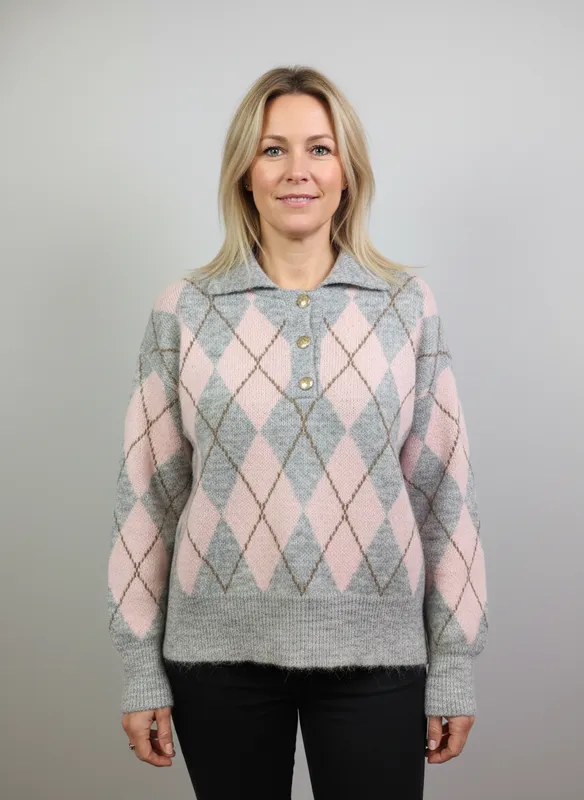 Stickad Argylemönstrad Tröja - Pink