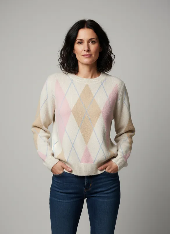 Stickad Argylemönstrad Tröja - Cream / Pink