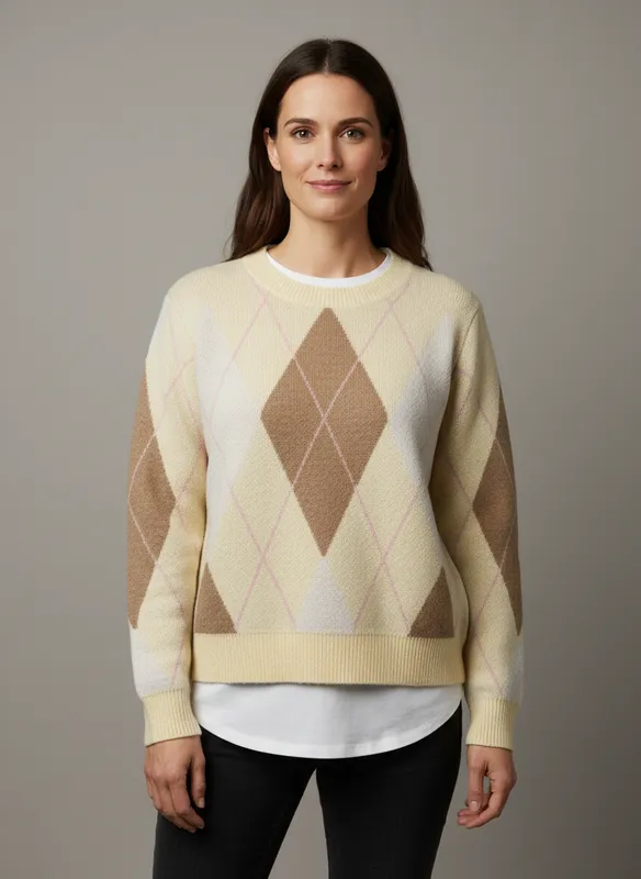 Stickad Argylemönstrad Tröja - Yellow / Coffe
