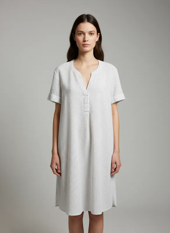 Cappuccini Dress Seersucker -  Lt Khaki/White 