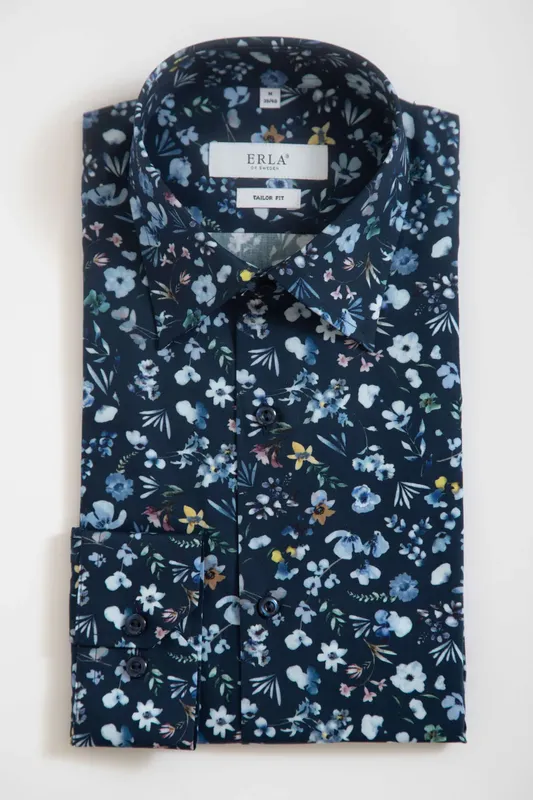 Blommönstrad Kortärmad Skjorta - Navy