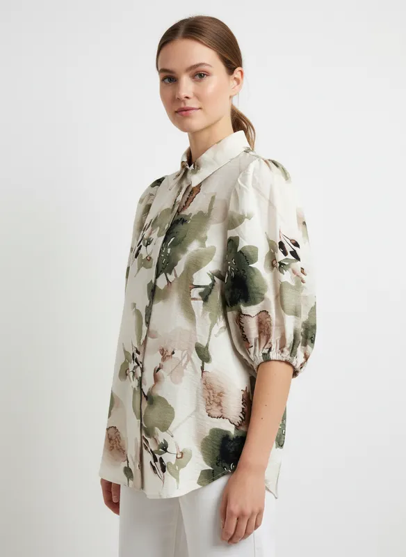 Ella-SH blus - Flower Khaki