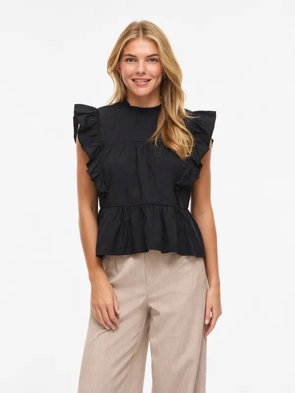 Virufella O-Neck Frill Top - Black Beauty