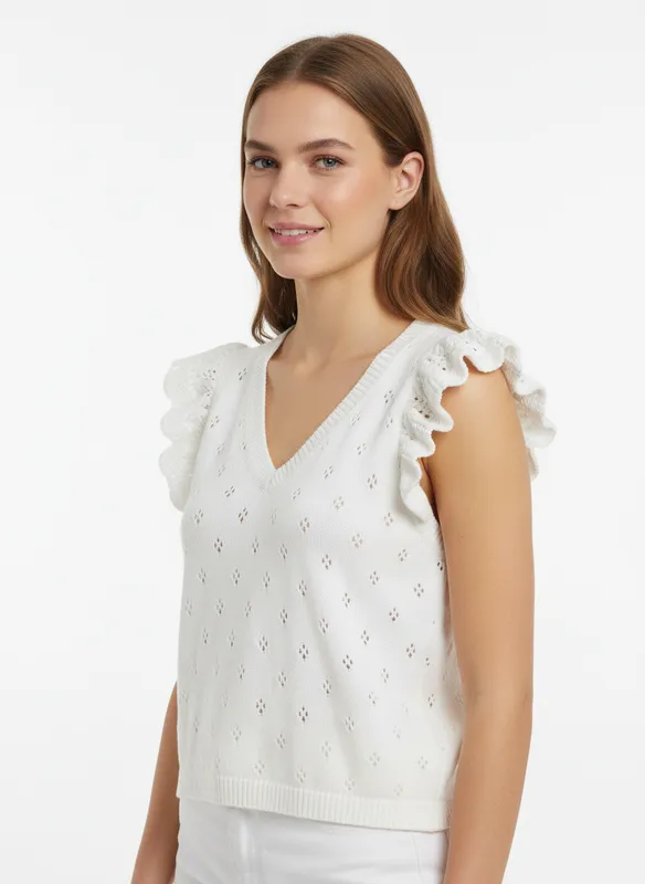VIMARLEA v-neck flounce knit top - Cloud Dancer