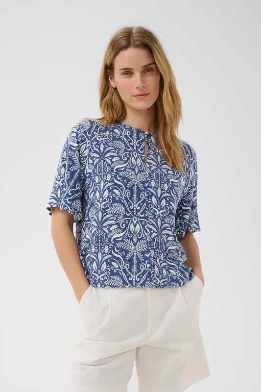 Berteline Blouse - Blue Block Print