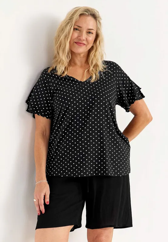 Elin Frill Top - Black/White/Dotted