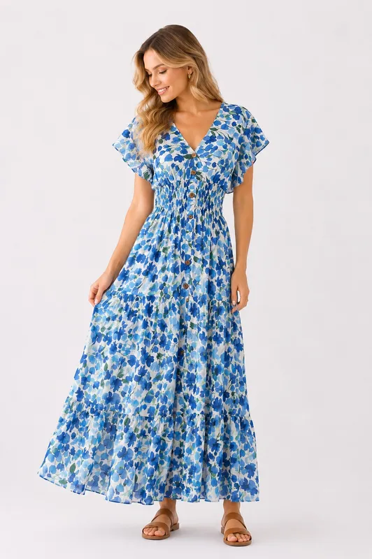 Flower Long Dress - Blue