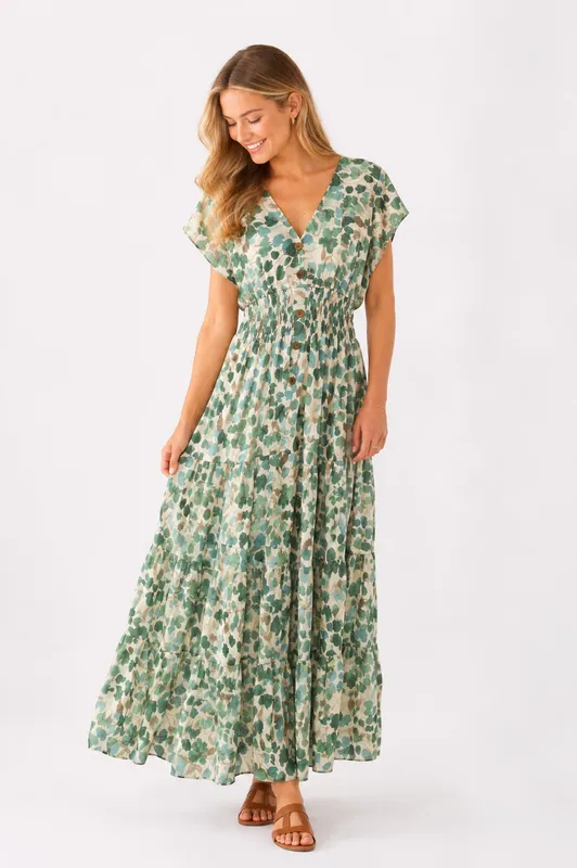Flower Long Dress - Grön