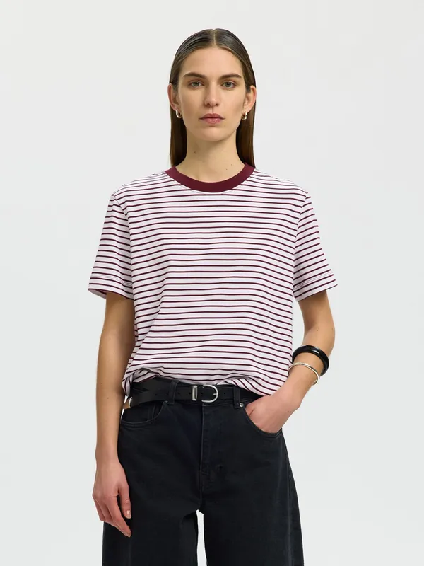 Wessential Striped Boxy Tee - Tawny Port Bright White