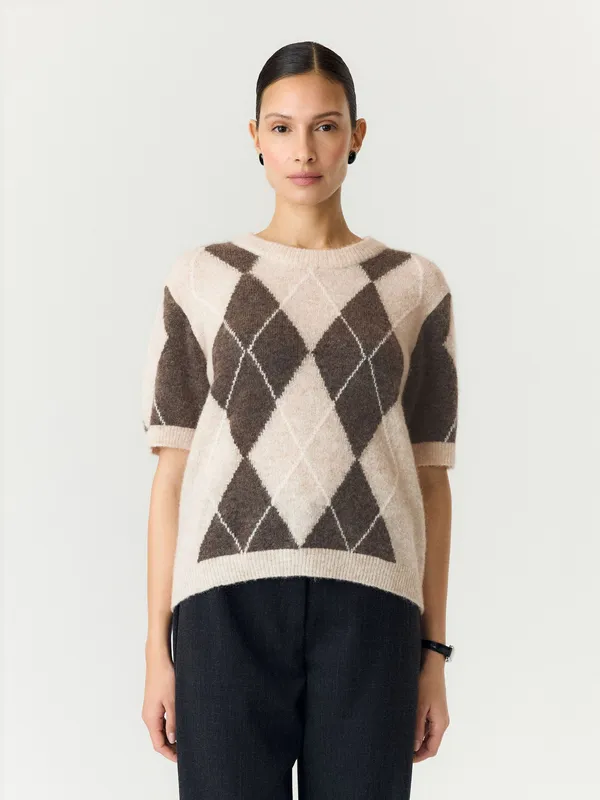 Sjohi Wool Blend Pullover - Oatmeal Taupe Gray + Pristine Harlequin