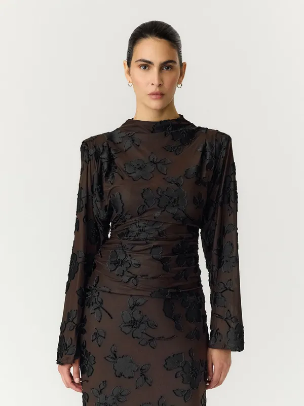 Marena Batwing Top - Coffee Bean Black Flowers