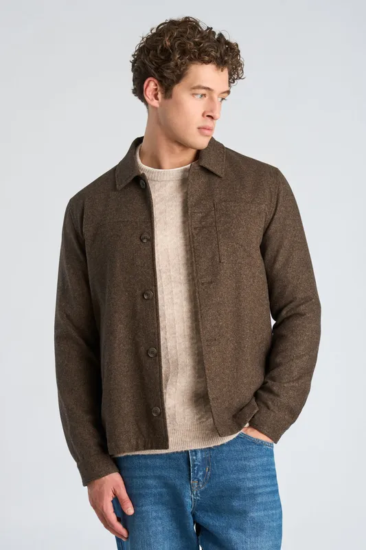 Flannel Wool Blend Overshirt - Brown Mel