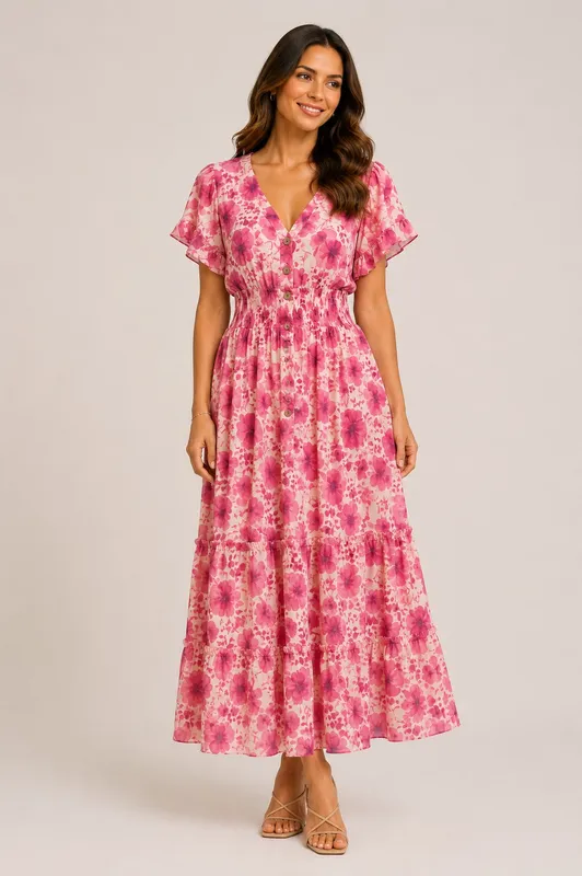 Flower Long Dress - Cerise