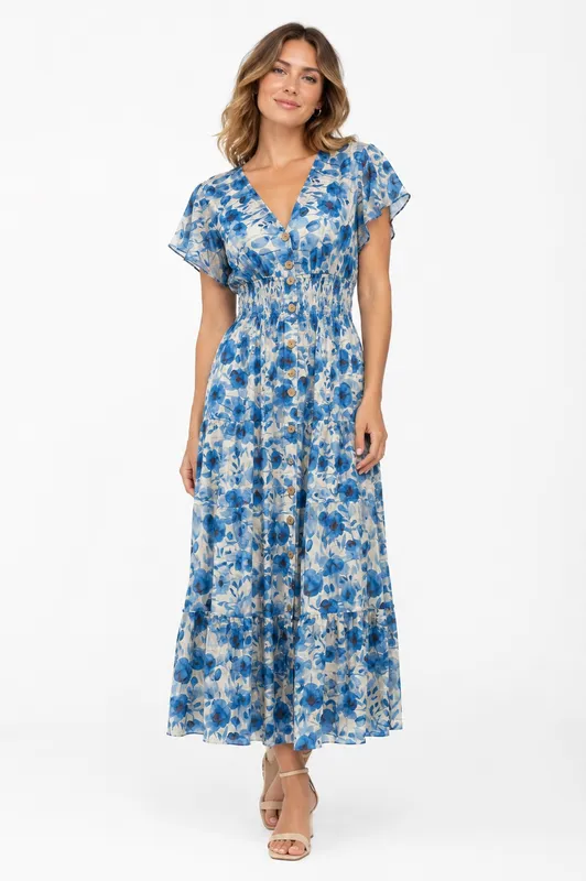 Flower Long Dress - Blue