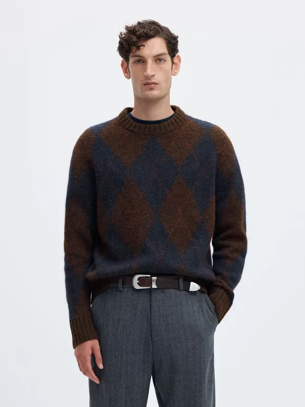 Rai Knit Argyle Crew Neck - Delicioso Navy Blazer / Tawny Port