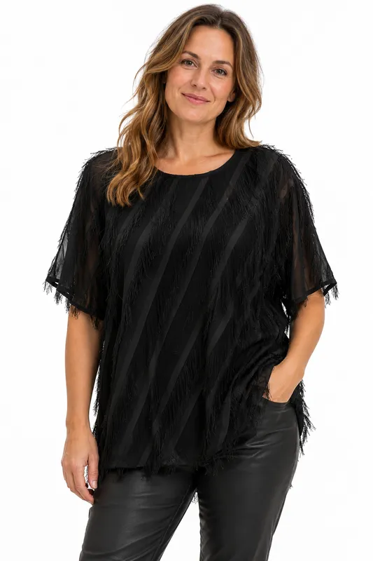 Mingel More Top With Fringes - Black