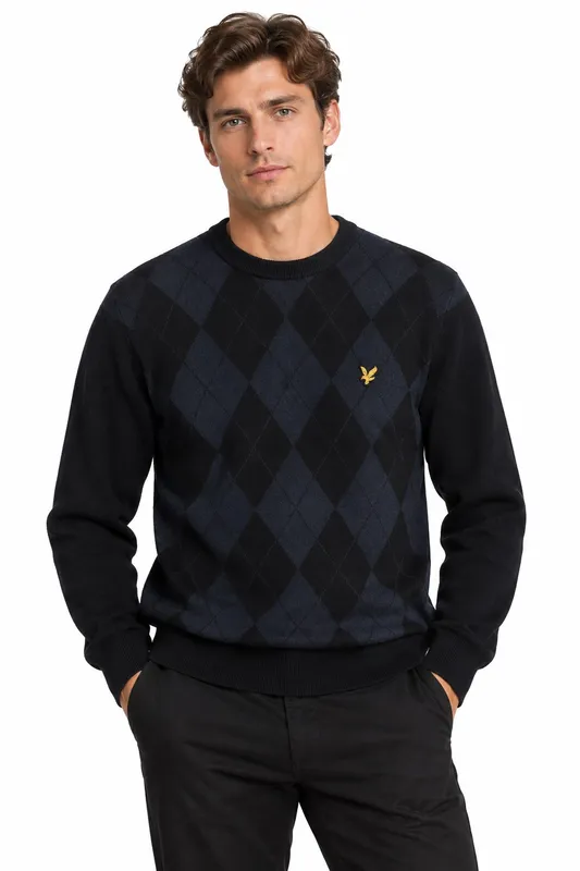 Cotton Merino Argyle Jumper - Dark Navy Marl / Mid Navy Marl 