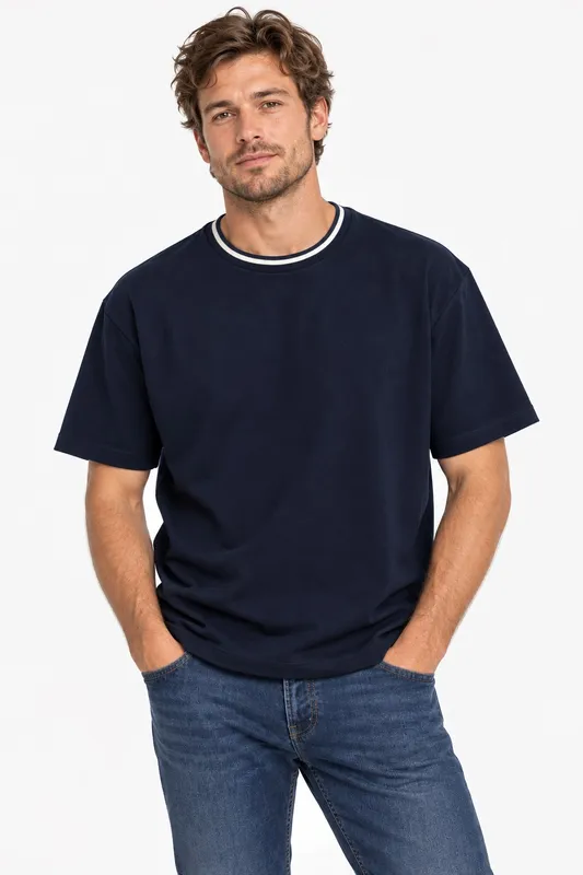 Structured O-Neck Tee - Navy