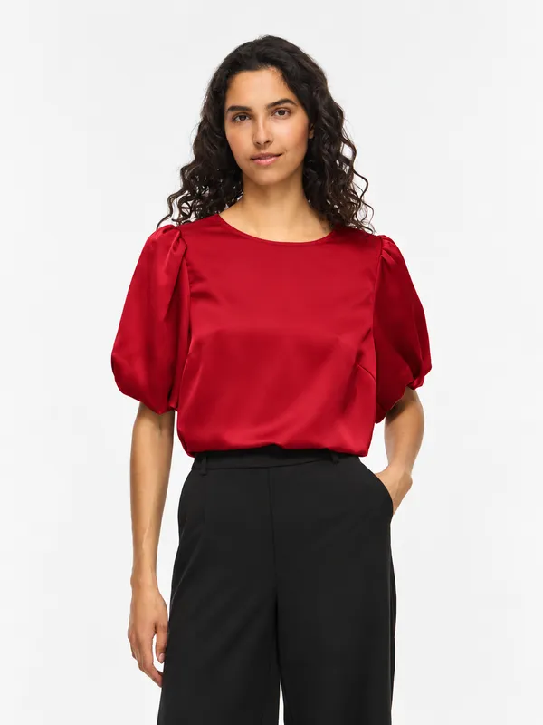Ellette Satin Puff Top - Savvy Red